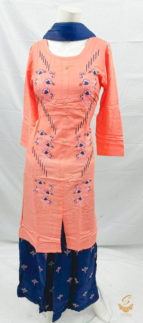 Rayon based embroidered kurti with plazo & Chiffon contrast dupatta