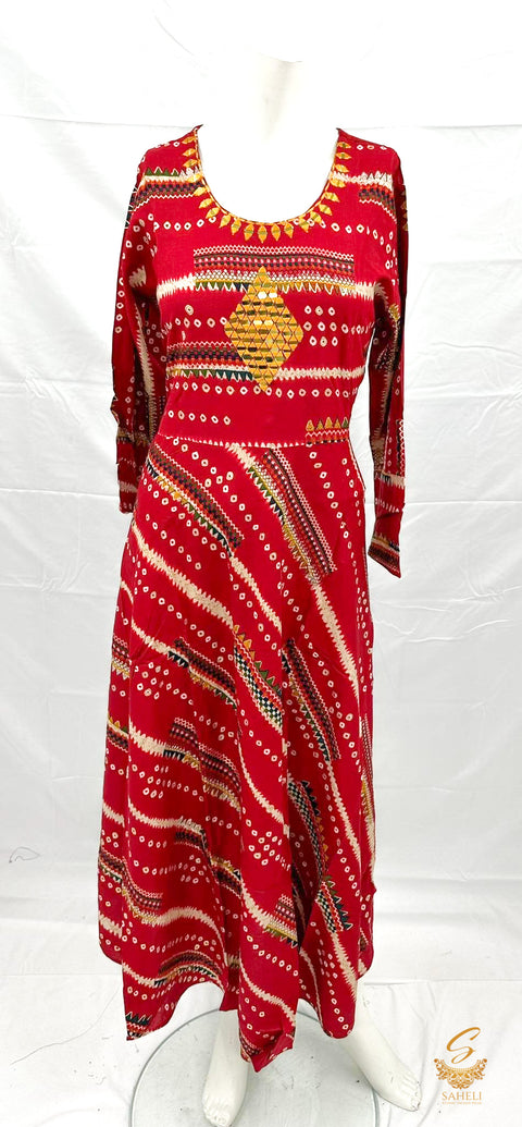 pure rayon based very soft bandhani flared kurti with mirror work design on neck