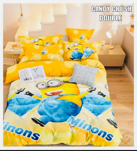 Minions Cartoon Printed Glace Cotton Bed Sheet With Pillow Covers (Size Bed Sheet :- 230 * 250 Cms(Appx) 2 PCS Pillow Cases: -46 *69 +5cms (Appx) Washing Instructions :- Hand/Machine Wash , Do Not Bleach , Medium Steam Iron, Do Not Dry Clean, Tumble Dry H