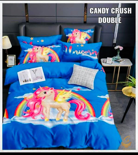 The Unicorn Cartoon Printed Glace Cotton Bed Sheet With Pillow Covers (Size Bed Sheet :- 230 * 250 Cms(Appx) 2 PCS Pillow Cases: -46 *69 +5cms (Appx) Washing Instructions :- Hand/Machine Wash , Do Not Bleach , Medium Steam Iron, Do Not Dry Clean, Tumble D