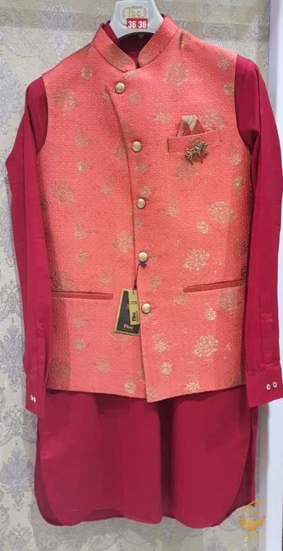 Deep Maroon colour silk based kurta with maroon pents & Coral colour brocade jacket