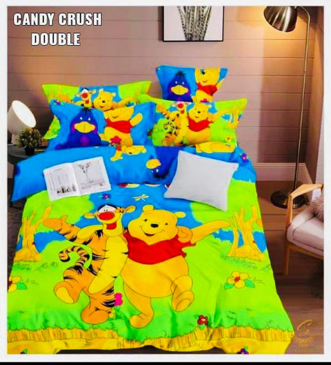 Winnie The Pooh Cartoon Printed Glace Cotton Bed Sheet With Pillow Covers (Size Bed Sheet :- 230 * 250 Cms(Appx) 2 PCS Pillow Cases: -46 *69 +5cms (Appx) Washing Instructions :- Hand/Machine Wash , Do Not Bleach , Medium Steam Iron, Do Not Dry Clean, Tumb