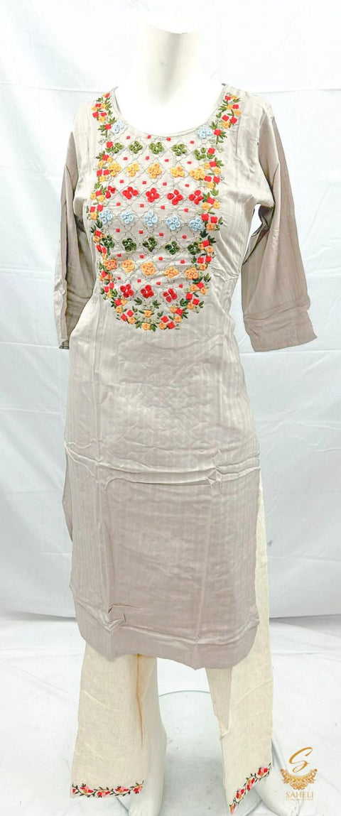 Pure Rayon Based Embroidery Work Kurti With Khadi Cotton Plazo Pents