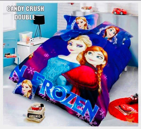 The Disney Frozen Cartoon Printed Glace Cotton Bed Sheet With Pillow Covers (Size Bed Sheet :- 230 * 250 Cms(Appx) 2 PCS Pillow Cases: -46 *69 +5cms (Appx) Washing Instructions :- Hand/Machine Wash , Do Not Bleach , Medium Steam Iron, Do Not Dry Clean, Tu