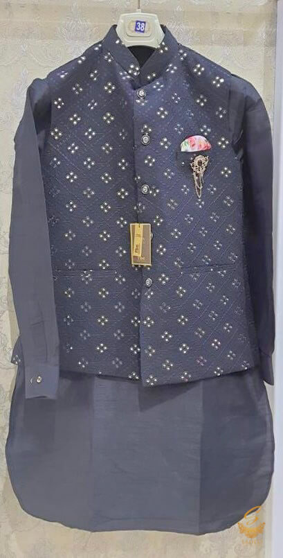 Black colour pure linen based kurta with Black pents and georgette based Black colour all over embroidery with mirror work jacket