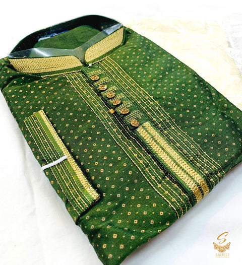 Mehndi green colour silk based all over embroidered mens kurta with Cream golden colour pajama pents