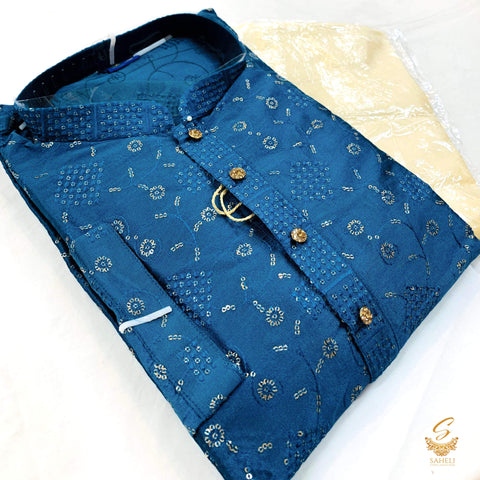 Peacock Blue colour silk based all over embroidered mens kurta with golden colour pajama pents