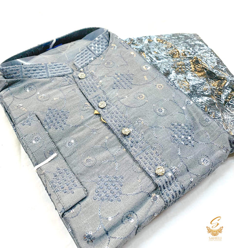 Grey colour silk based all over embroidered mens kurta with black colour pajama pents