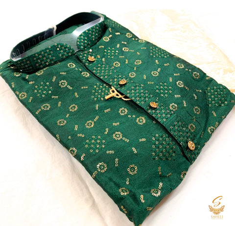 Deep Kai Green colour silk based all over embroidered mens kurta with golden colour pajama pents