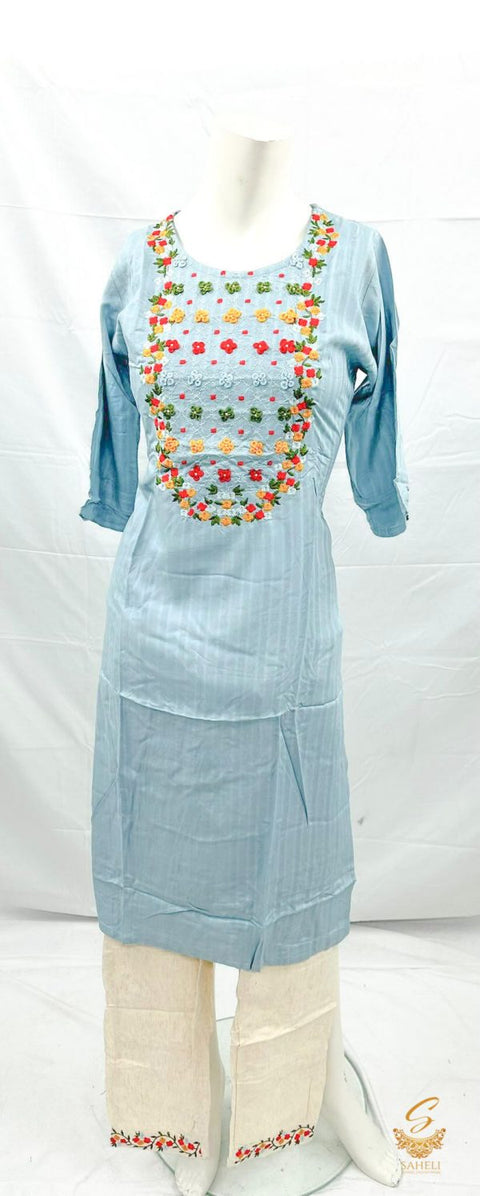 Pure Rayon Based Embroidery Work Kurti With Khadi Cotton Plazo Pents