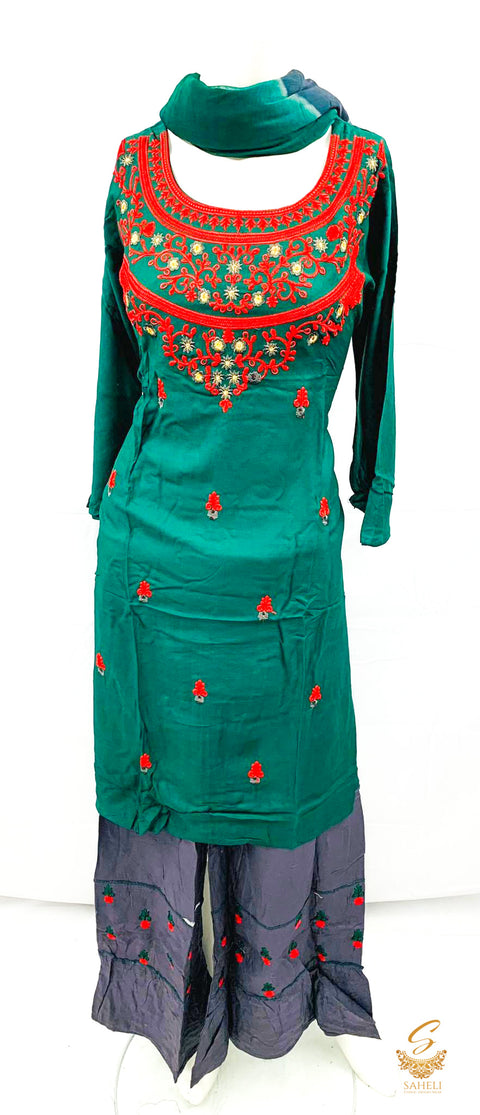 Rayon based green embroidered kurti with grey rayon based plazo & Chiffon contrast dupatta