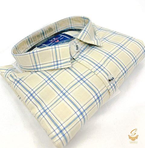 Beige color mat look blue colour check print very soft cotton shirt