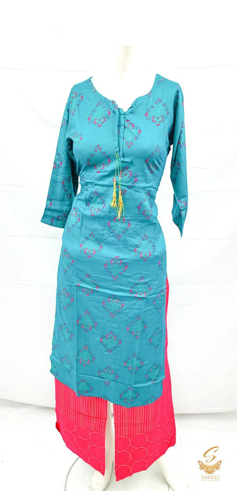Rayon based printed kurti with Hot pink plazo