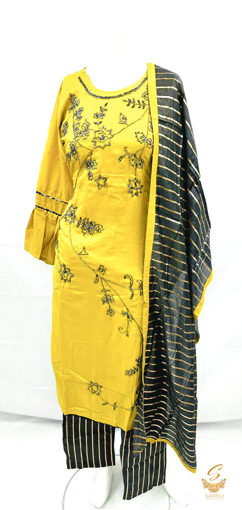 Chartreuse green colour pure rayon based sippy design work kurti with deep grey colour plazo pents & Dupatta