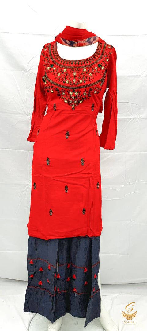 Rayon based green embroidered kurti with grey rayon based plazo & Chiffon contrast dupatta