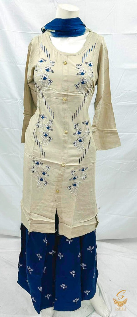 Rayon based embroidered kurti with plazo & Chiffon contrast dupatta