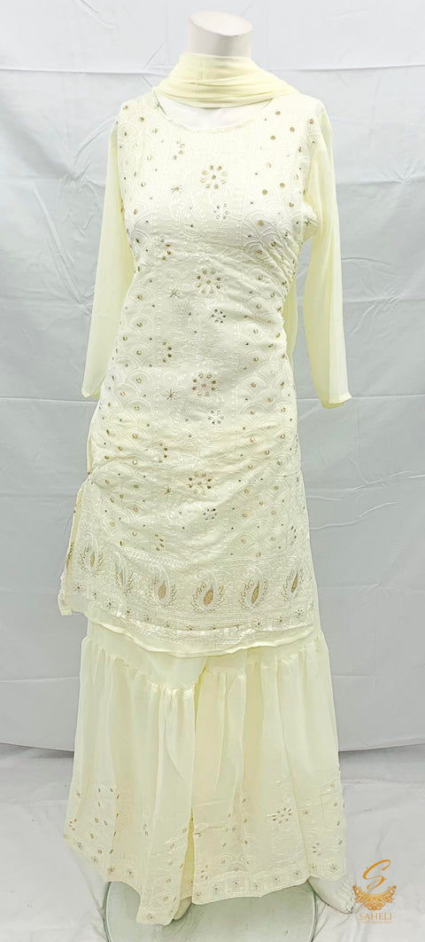 Deep Stone georgette based chikankari work kurti with plazo & Dupatta