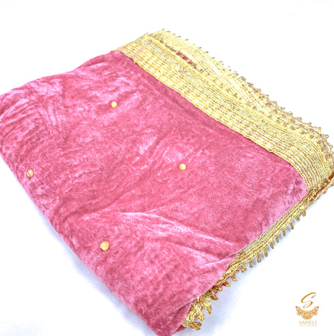 Rouge Pink colour golden stone work velvet dupatta