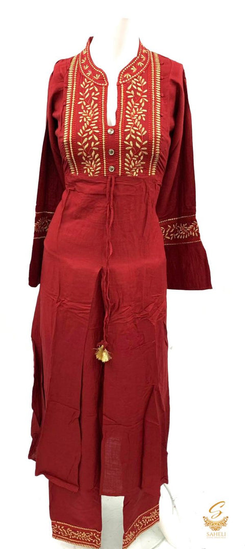 Pure rayon based embroidered work front cut style kurti with plazo pent