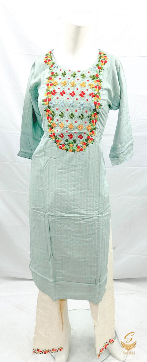 Pure Rayon Based Embroidery Work Kurti With Khadi Cotton Plazo Pents