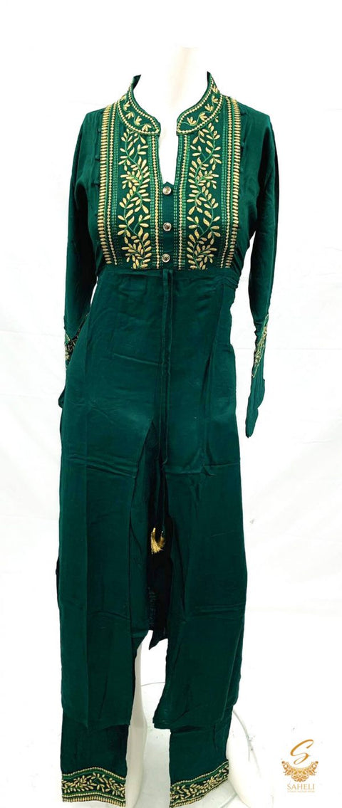 Pure rayon based embroidered work front cut style kurti with plazo pent