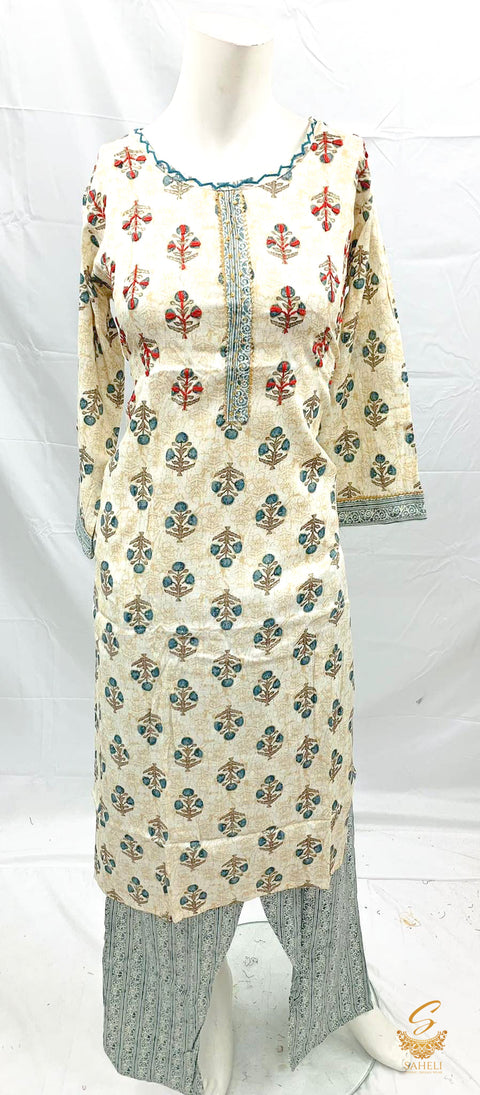 Cream colour rayon based printed work kurti with plazo
