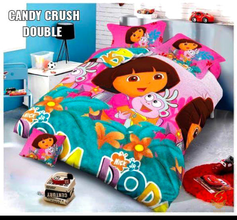 Dora The Explorer Cartoon Printed Glace Cotton Bed Sheet With Pillow Covers (Size Bed Sheet :- 230 * 250 Cms(Appx) 2 PCS Pillow Cases: -46 *69 +5cms (Appx) Washing Instructions :- Hand/Machine Wash , Do Not Bleach , Medium Steam Iron, Do Not Dry Clean, Tu