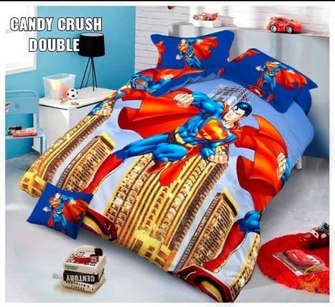 The Superman Cartoon Printed Glace Cotton Bed Sheet With Pillow Covers (Size Bed Sheet :- 230 * 250 Cms(Appx) 2 PCS Pillow Cases: -46 *69 +5cms (Appx) Washing Instructions :- Hand/Machine Wash , Do Not Bleach , Medium Steam Iron, Do Not Dry Clean, Tumble