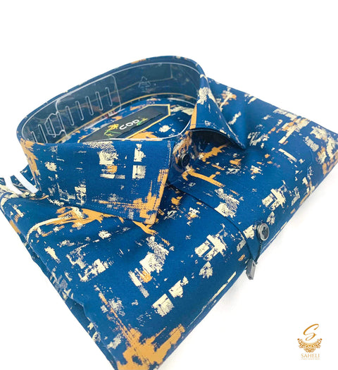 Nevi Blue colour beige & biscotti print very soft cotton shirt