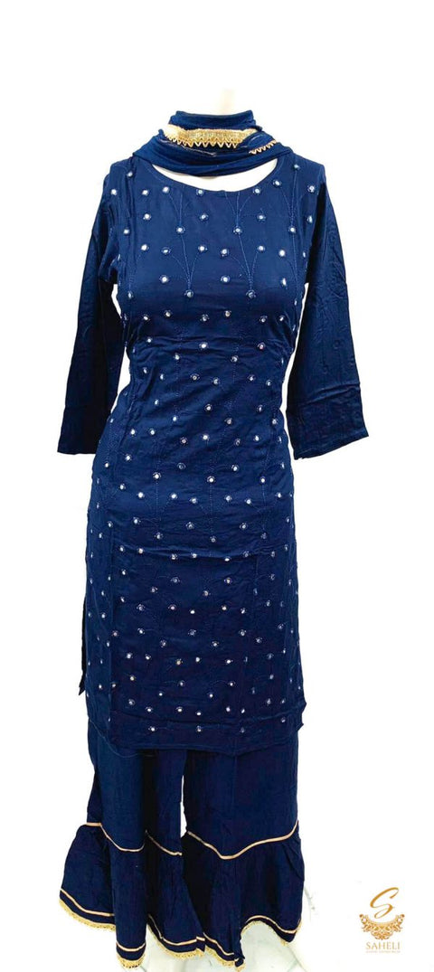 Rayon based embroidered work kurti with plazo & Chiffon Dupatta