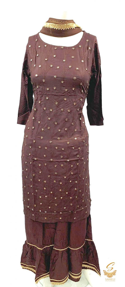 Rayon based embroidered work kurti with plazo & Chiffon Dupatta