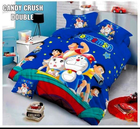 Doraemon Cartoon Printed Glace Cotton Bed Sheet With Pillow Covers (Size Bed Sheet :- 230 * 250 Cms(Appx) 2 PCS Pillow Cases: -46 *69 +5cms (Appx) Washing Instructions :- Hand/Machine Wash , Do Not Bleach , Medium Steam Iron, Do Not Dry Clean, Tumble Dry
