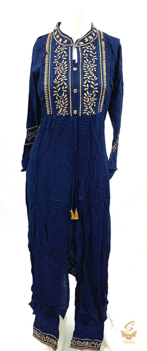 Pure rayon based embroidered work front cut style kurti with plazo pent