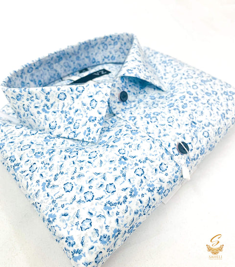 White colour baby blue floral print very soft cotton shirt