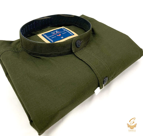 Khaki colour mat look Chinese collar cotton shirt