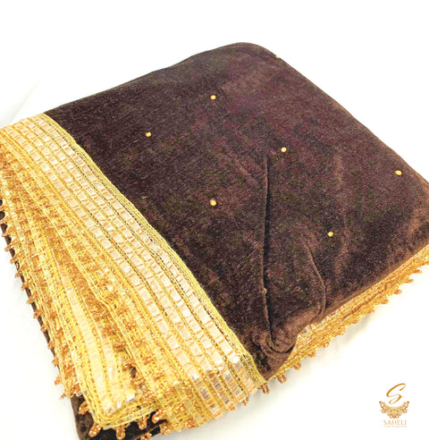 Dark brown colour golden stone work velvet dupatta