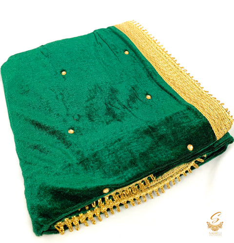 Deep Green colour golden stone work velvet dupatta