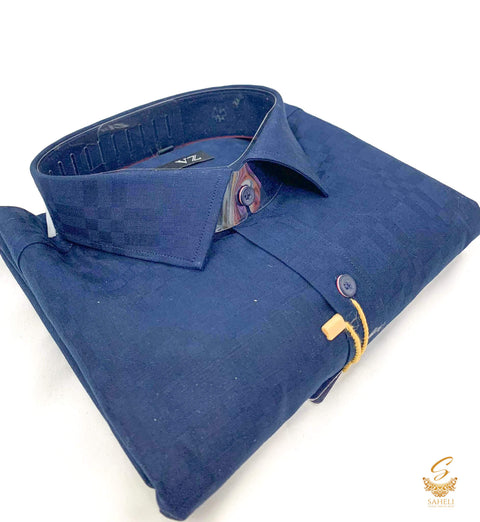 Nevi Blue colour mat look selfcheck print very soft glaze cotton shirt