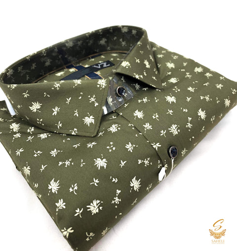 Khaki green colour printed Cotton Shirt