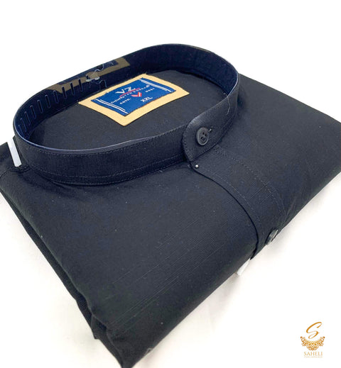 Black colour mat look Chinese collar cotton shirt