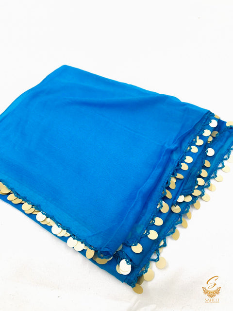 Dark Sky blue colour pure chiffon based plain dupatta with sippy lace border