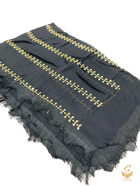 Black colour pure chiffon very soft dupatta with sequined work and thread jhallar lace
