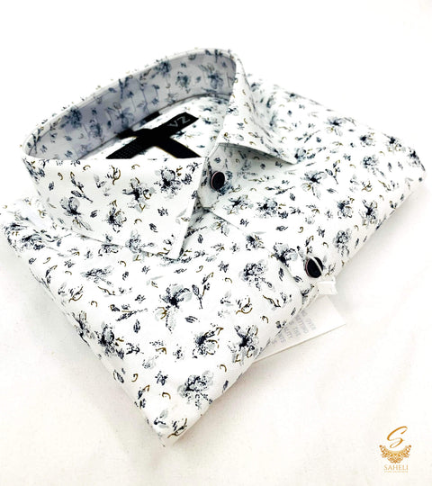 White colour mat look nevi blue floral print very soft cotton shirt