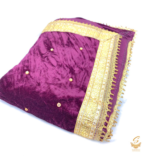 Deep purple colour golden stone work velvet dupatta