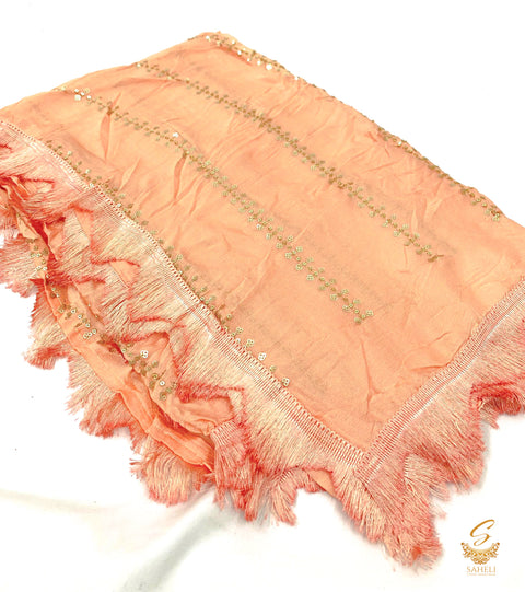 Pastel Peach colour pure chiffon very soft dupatta with sequined work and thread jhallar lace