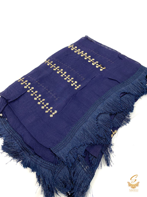 Dark Nevi BLue colour pure chiffon very soft dupatta with sequined work and thread jhallar lace