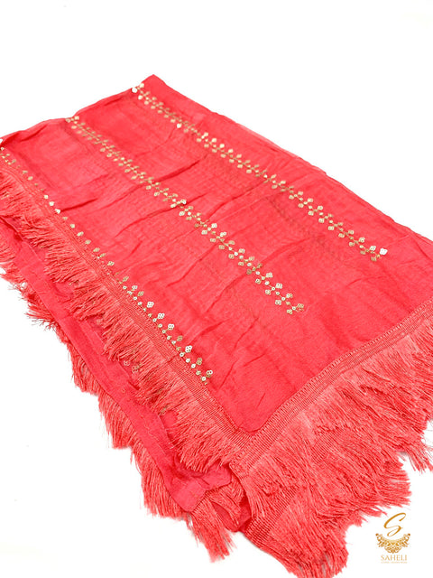Punch Pink colour pure chiffon very soft dupatta with sequined work and thread jhallar lace