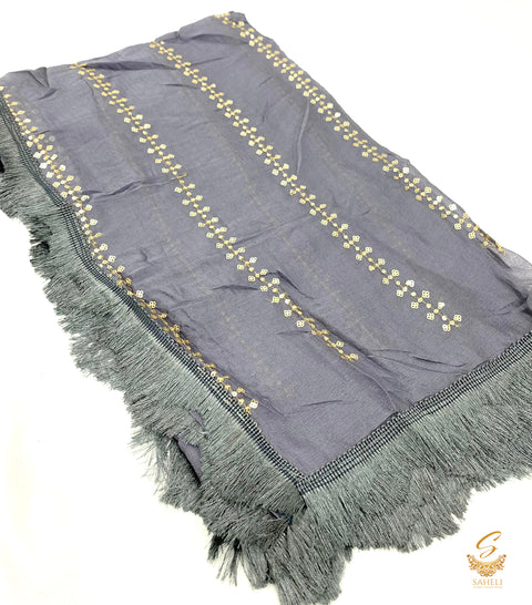 Grey colour pure chiffon very soft dupatta with sequined work and thread jhallar lace