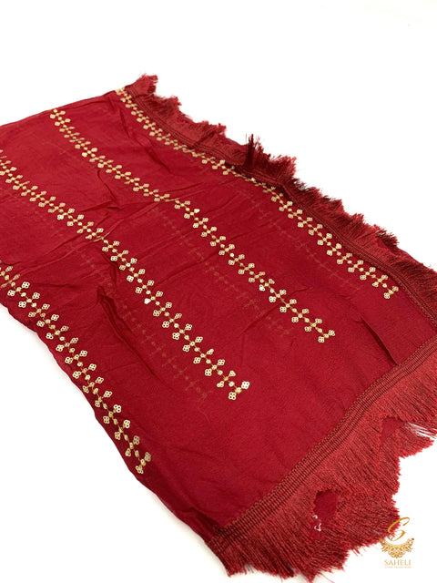 Dark MAroon colour pure chiffon very soft dupatta with sequined work and thread jhallar lace