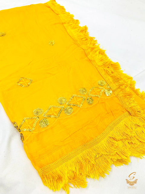 Mustard colour pure chiffon very soft dupatta with sequined work and thread jhallar lace
